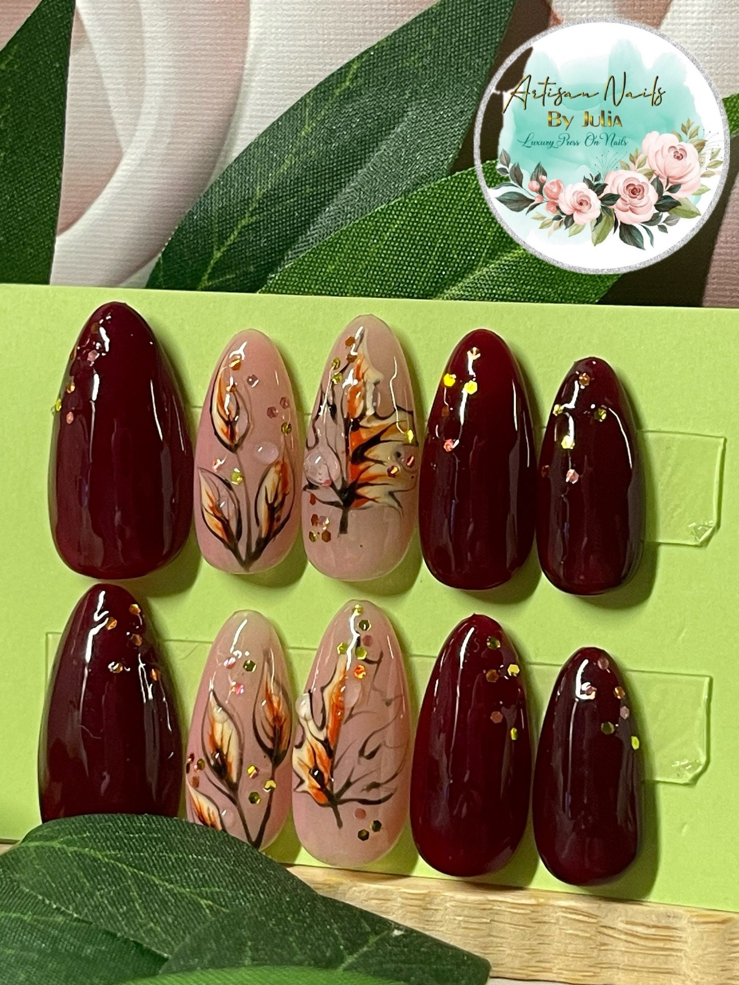 AUTUMN FIRE - Set of 10 autumn leaf and deep red Nails with 3D dew drops.