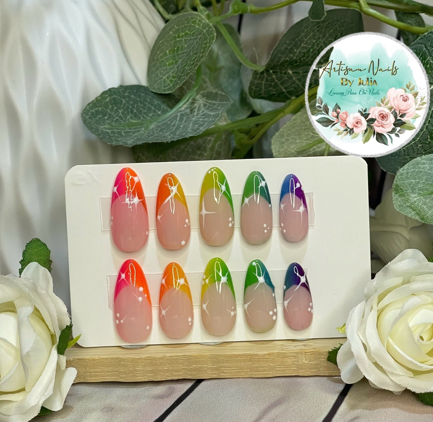 NEON SKIES - Set of 10 Ombre Rainbow French Tip Nails with white stars.