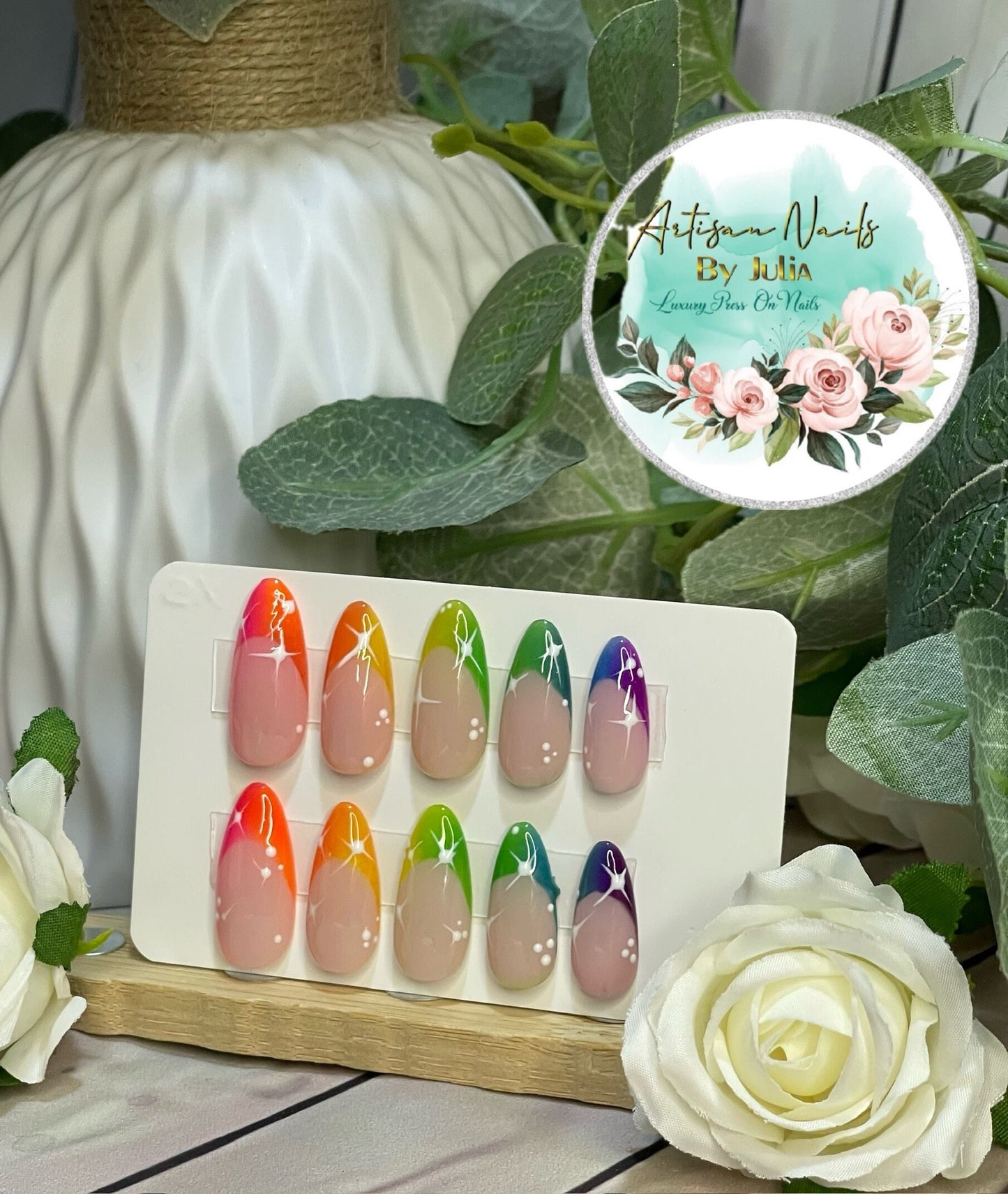 NEON SKIES - Set of 10 Ombre Rainbow French Tip Nails with white stars.