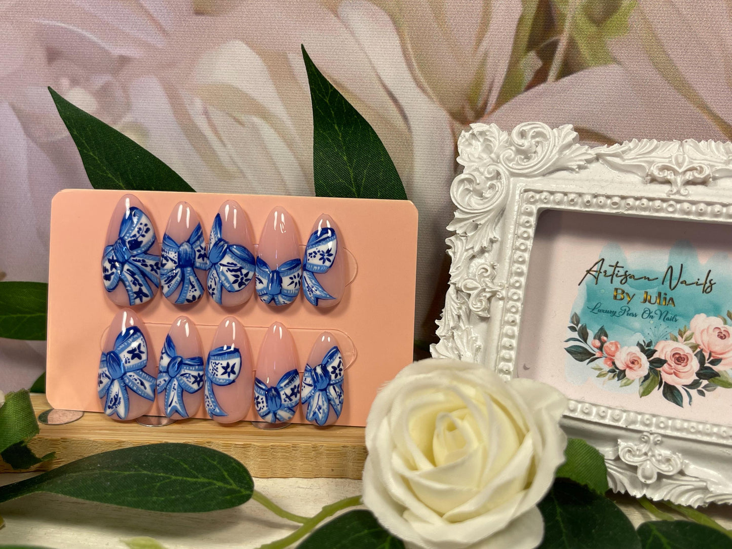 TIE A RIBBON - Gel Press on Nails - Set of 10 Blue Floral Ribbon Nails