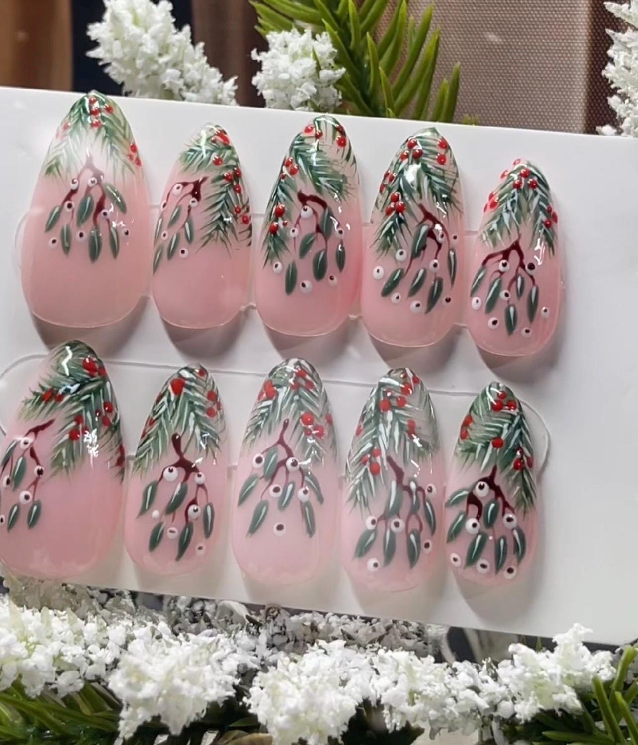 WINTER BERRIES - Set of 10 Frosted Mistletoe & Fir Nails
