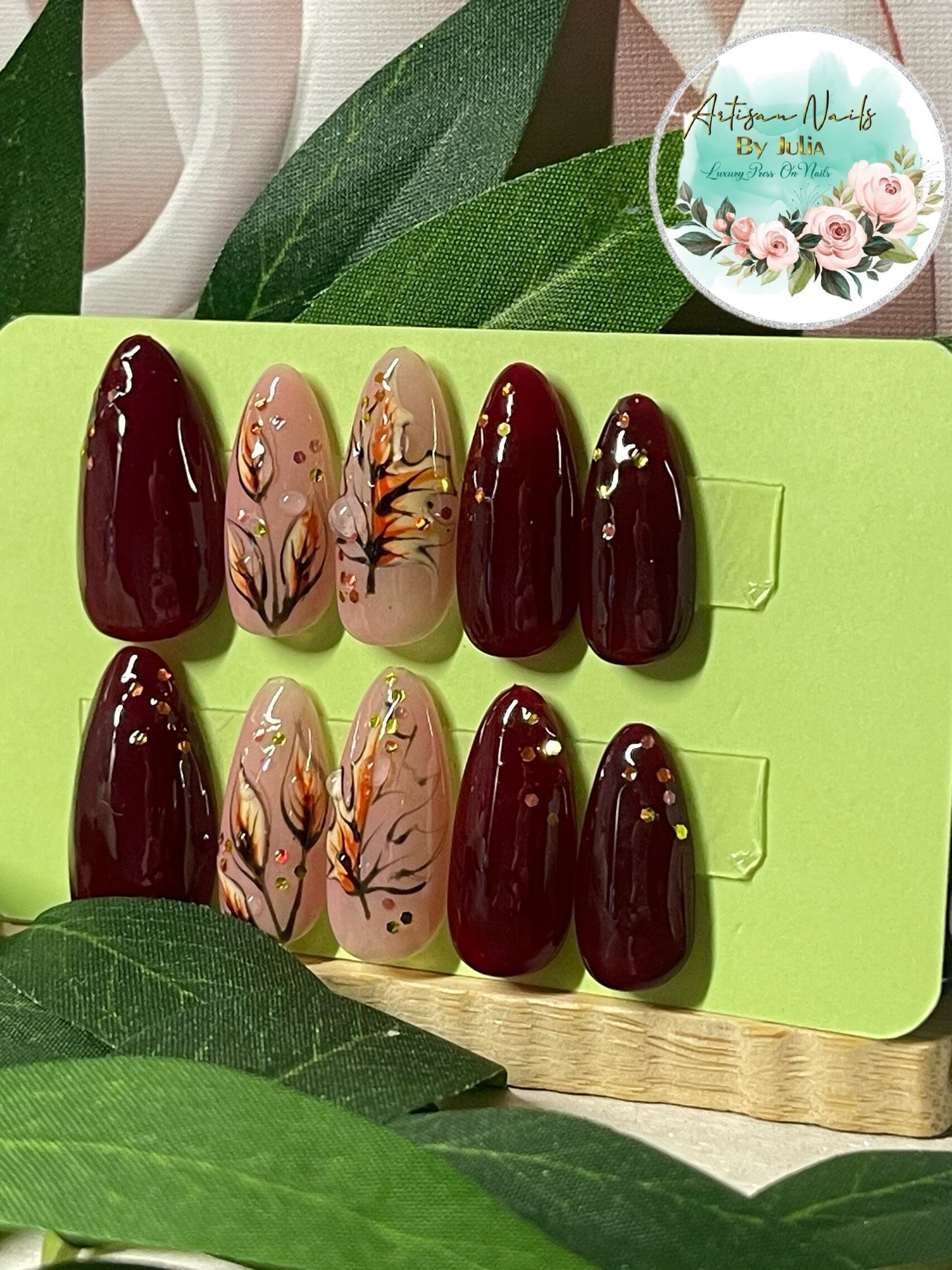 AUTUMN FIRE - Set of 10 autumn leaf and deep red Nails with 3D dew drops.