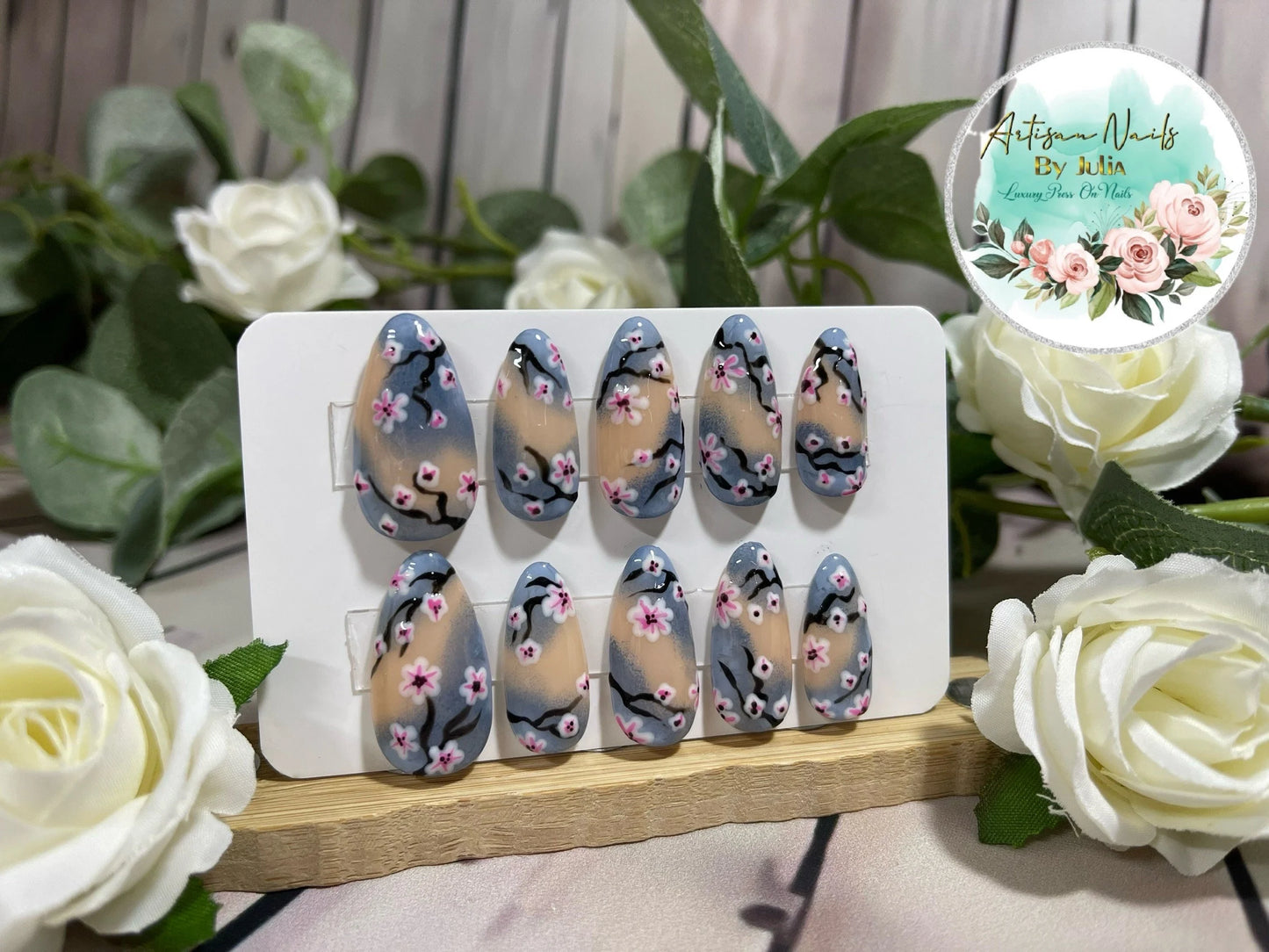 CHERRY BLOSSOM - Gel Press on Nails - Lot de 10 ongles Cherry Blossom - Fabriqué sur commande
