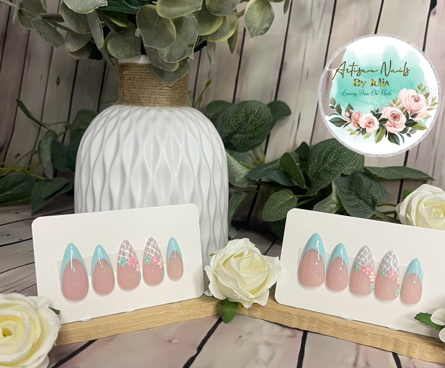 DÉLICAT - Ongles en gel à presser - Lot de 10 faux ongles à pointe française en dentelle - Fabriqués sur commande