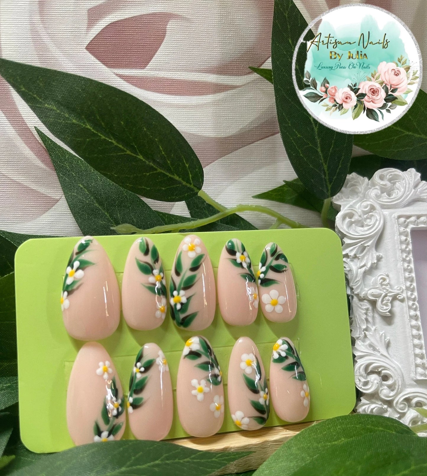 EDELWEISS - Gel Press on Nails - Lot de 10 faux ongles à motif floral - Fabriqué sur commande