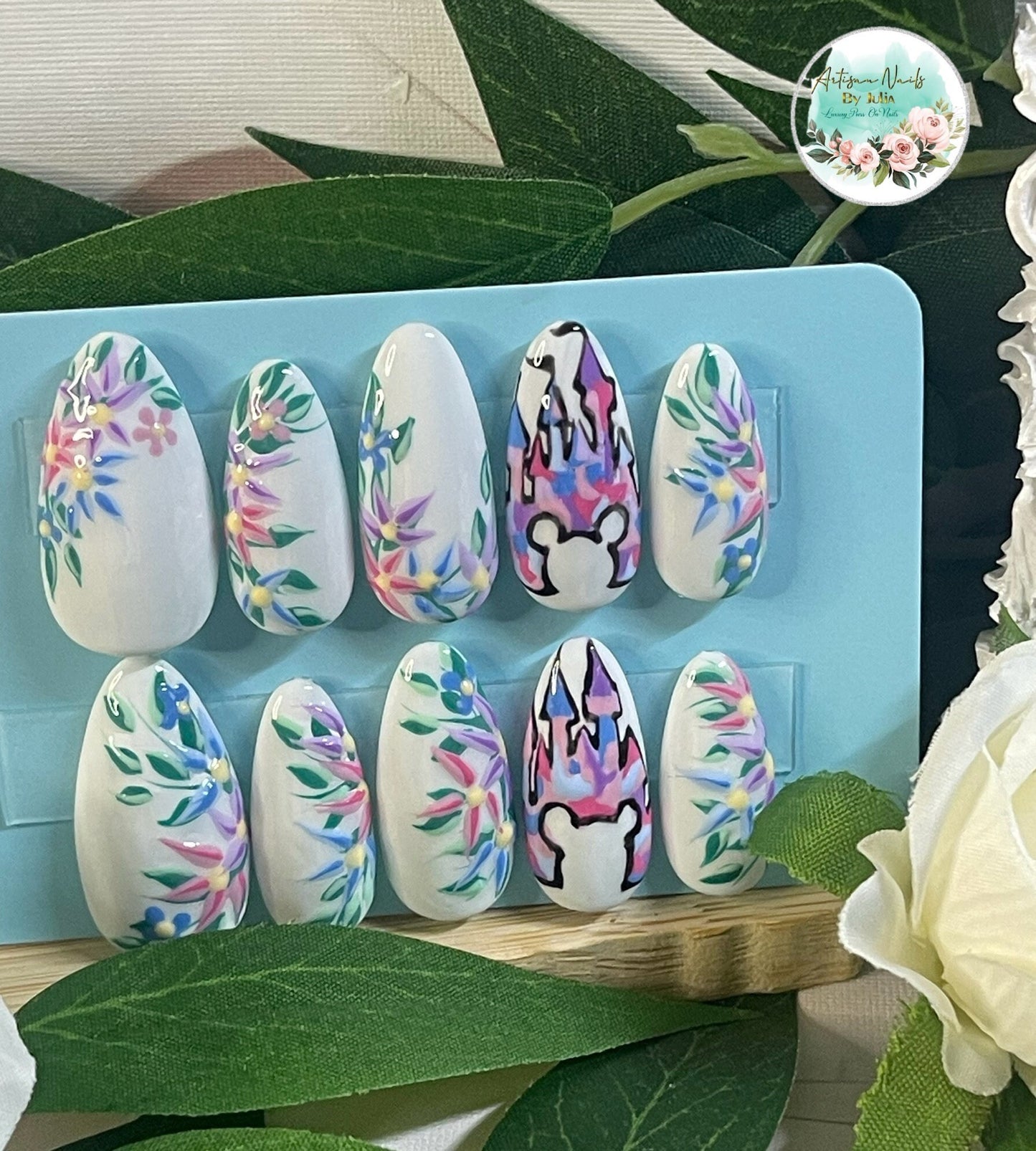 CASTLE GARDEN - Juego de 10 uñas con diseño floral de Castillo Disney