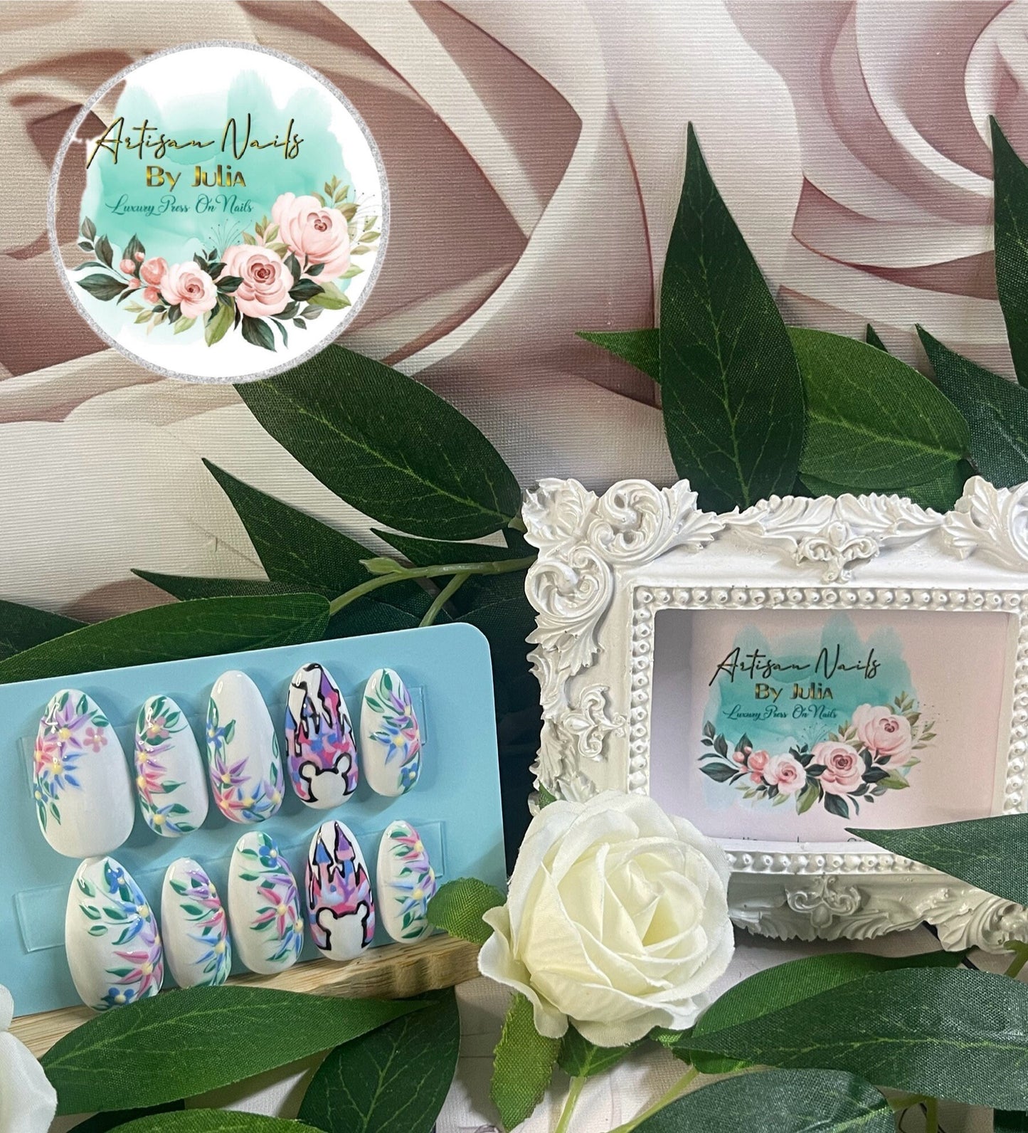 CASTLE GARDEN - Juego de 10 uñas con diseño floral de Castillo Disney