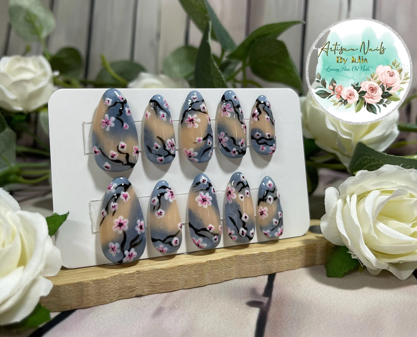CHERRY BLOSSOM - Gel Press on Nails - Lot de 10 ongles Cherry Blossom - Fabriqué sur commande