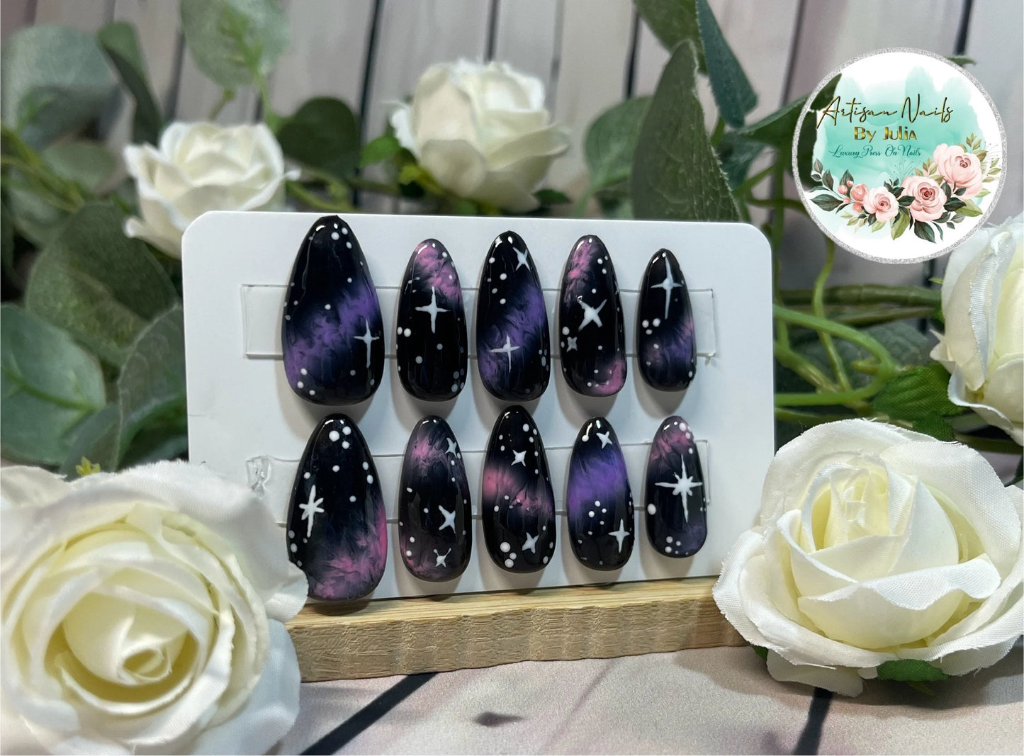GALAXY - Gel Press on Nails - Lot de 10 ongles inspirés de l'espace - Fabriqués sur commande