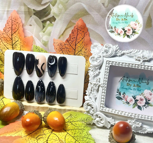 BLACK MAGIC - Set of 10 black nails with Misty Wood and Feline Silhouette Nails