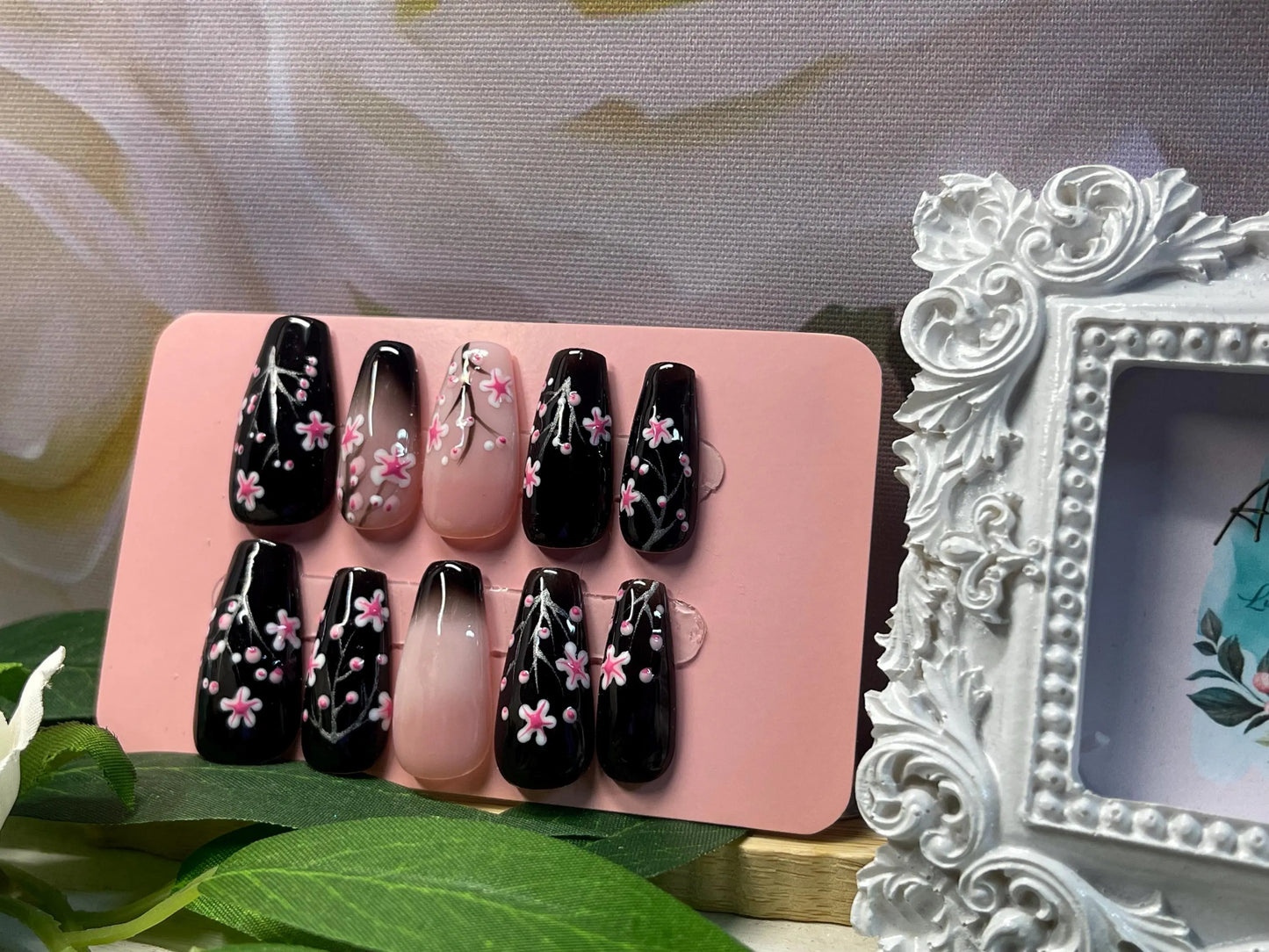 CEREZA NEGRA - Juego de 10 uñas de flor de cerezo