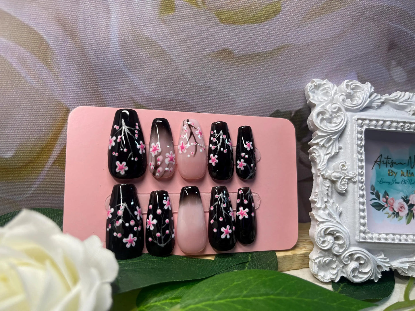 CEREZA NEGRA - Juego de 10 uñas de flor de cerezo