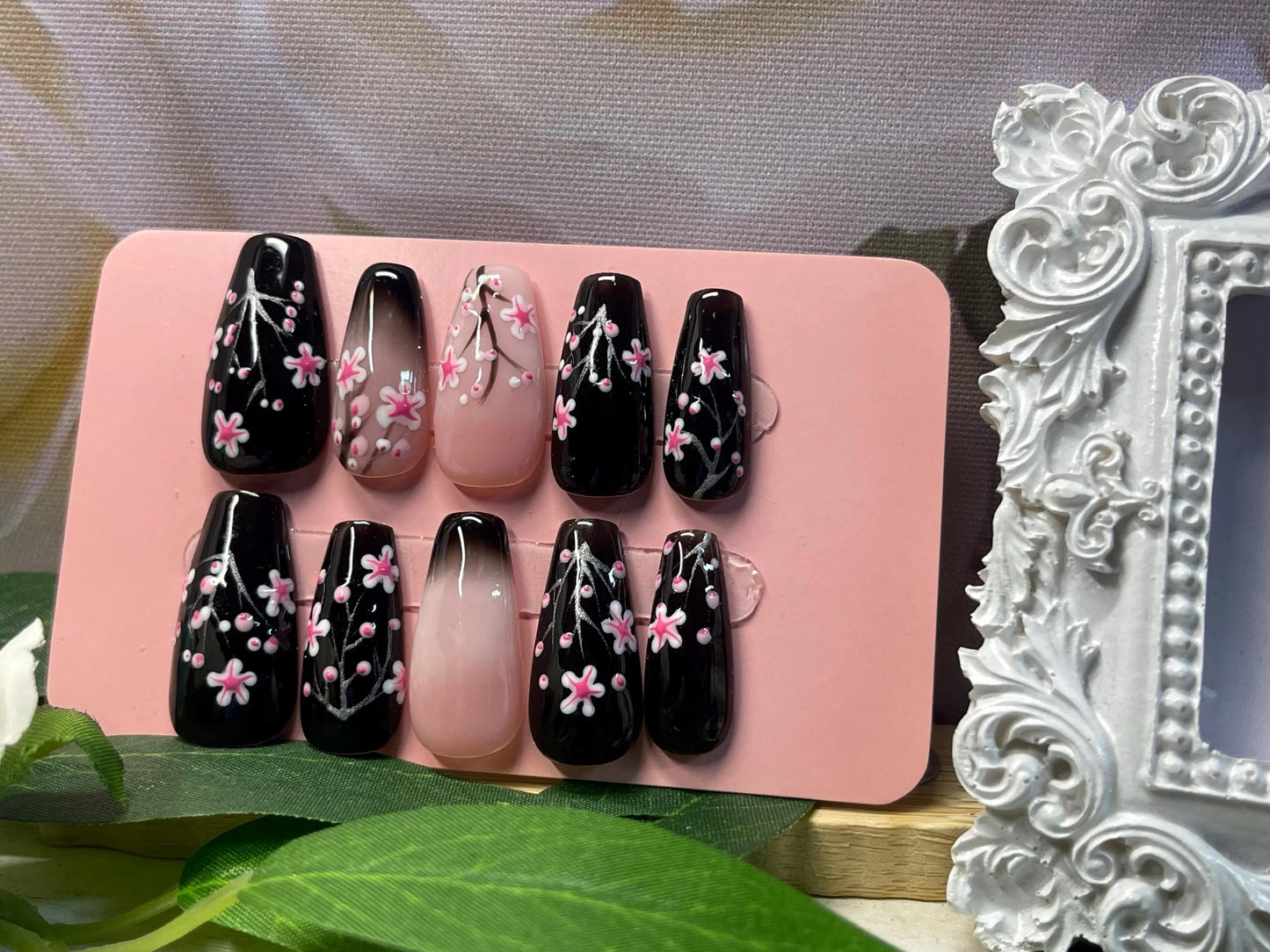 CEREZA NEGRA - Juego de 10 uñas de flor de cerezo