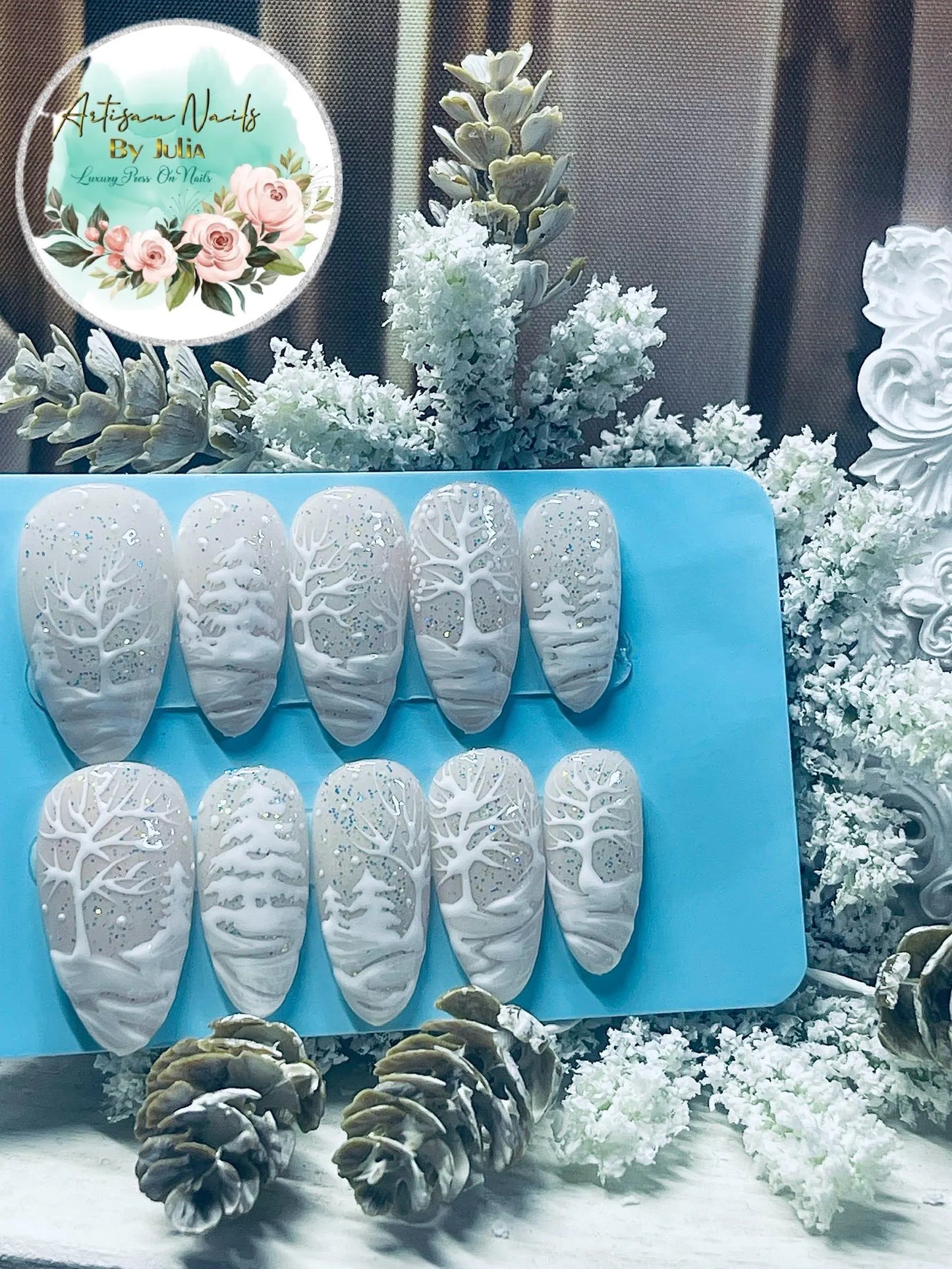 WINTER WONDERLAND - Ongles en gel à presser - Ensemble d'ongles paysage enneigé