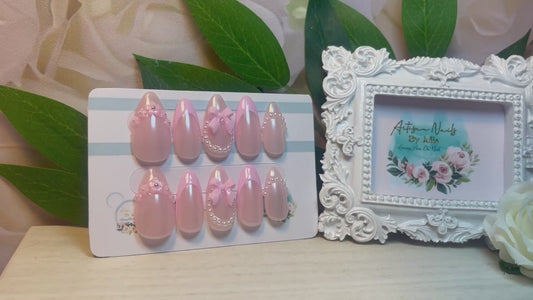 HAZLO ROSA - Juego de 10 uñas esmaltadas con perlas y lazos