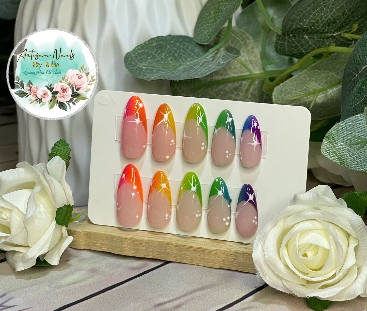 NEON SKIES - Set of 10 Ombre Rainbow French Tip Nails with white stars.