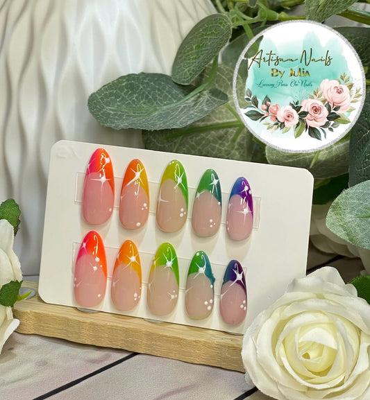 NEON SKIES - Set of 10 Ombre Rainbow French Tip Nails with white stars.