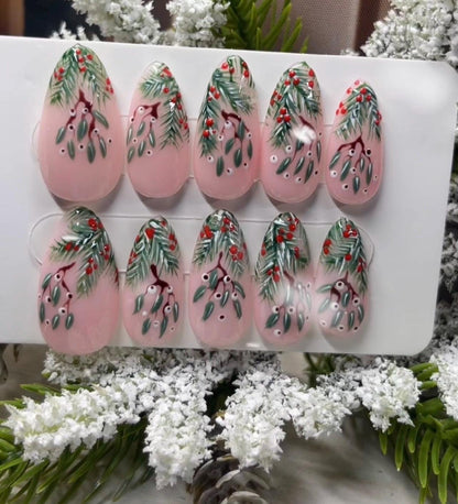 WINTER BERRIES - Set of 10 Frosted Mistletoe & Fir Nails