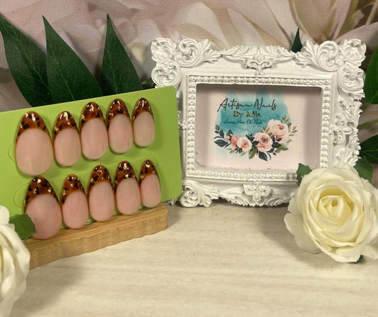 TORTOISE GOLD - Set of 10 Tortoise shell Gold leaf French Tip Nails