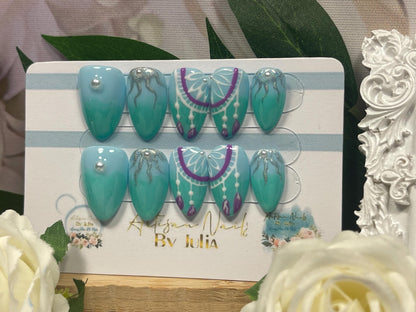 DREAMCATCHER BLUE - Set of 10 Dreamcatcher pearl ombre Nails