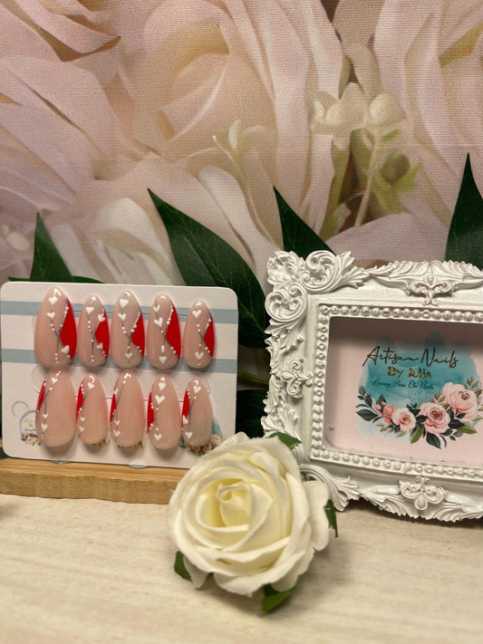STAR CROSSED LOVERS - Set of 10 red abstract design nails with silver & white decoration