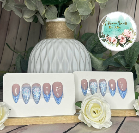 JELLYFISH - Juego de 10 uñas con punta francesa oceánica y medusas