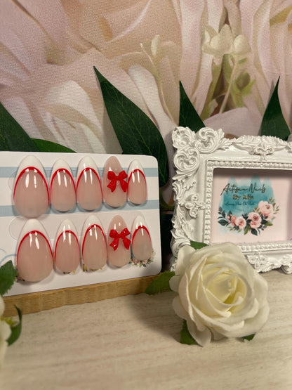 RED RIBBONS - Set of red Lined French tip nails with red bow