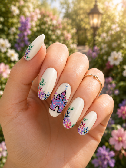 Castle in Bloom | Hand Painted Floral Castle Press On Nails
