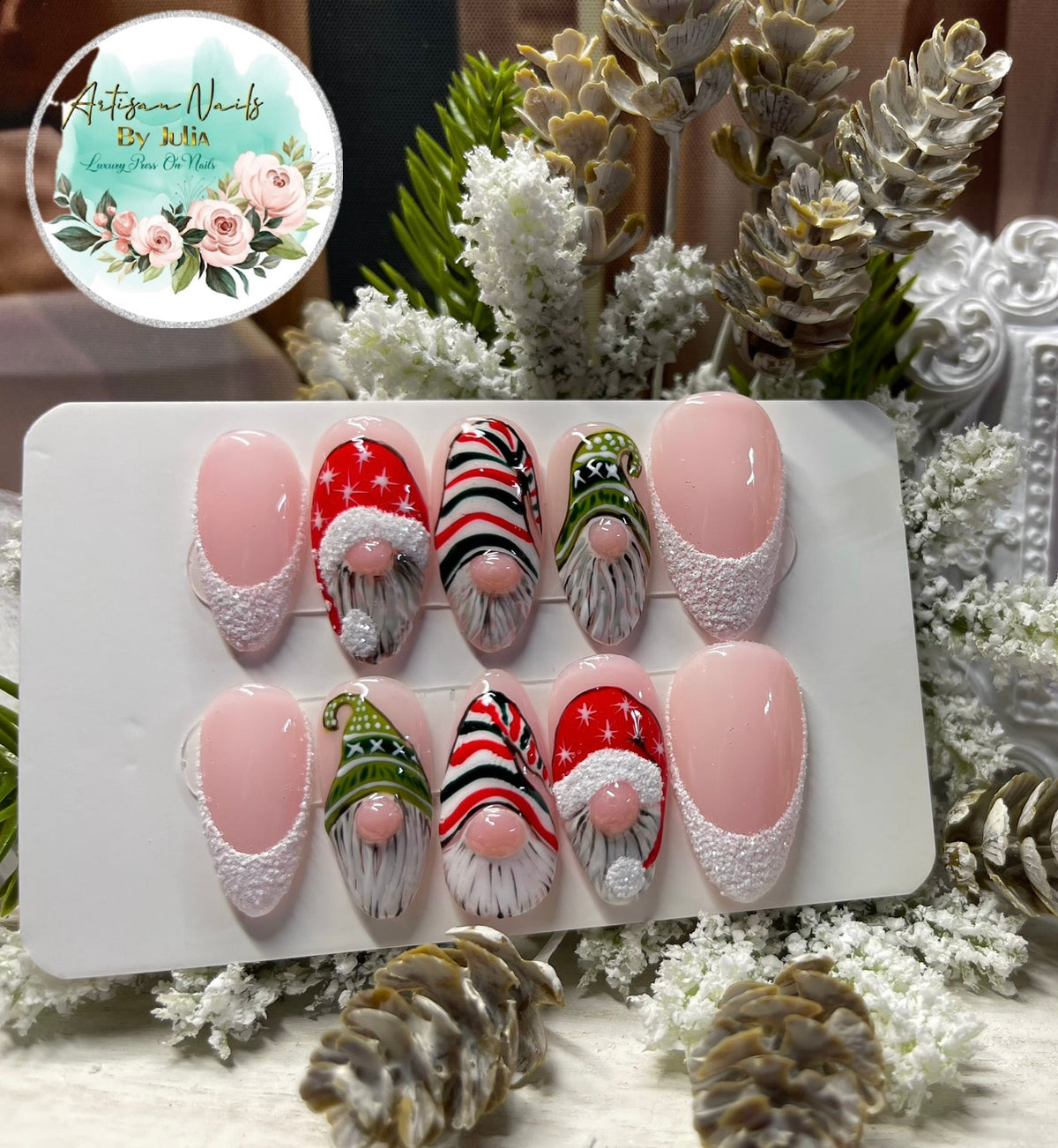 Gnome for Christmas | Hand Painted Christmas Gnome Press On Nails