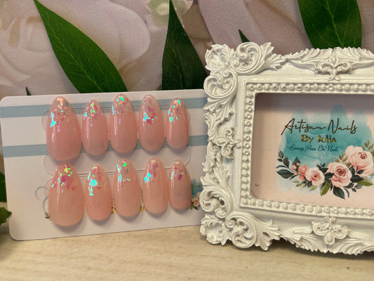 SUNSET SHARDS -  Set of 10 Gel Pink Nails With Opal fragment tips