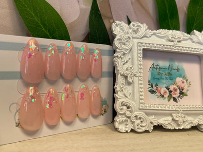 SUNSET SHARDS -  Set of 10 Gel Pink Nails With Opal fragment tips