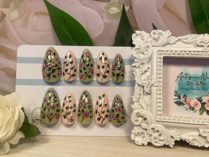 ETHEREAL - Gel Press on Nails - Lot de 10 ongles peints Vine - Fabriqué sur commande