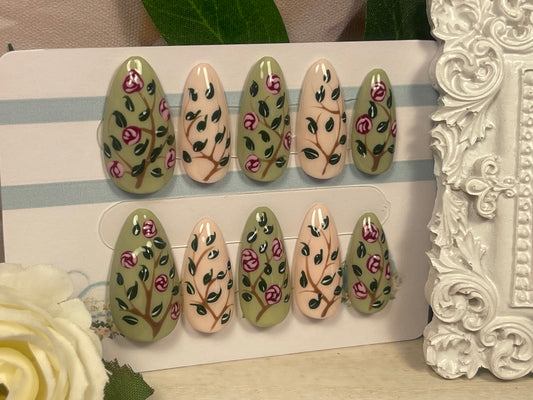 ETHEREAL ROSE - Juego de 10 uñas pintadas con tonos enredadera y rosa