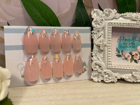 ICE SHARDS - Juego de 10 uñas de gel rosa con puntas de fragmentos de ópalo