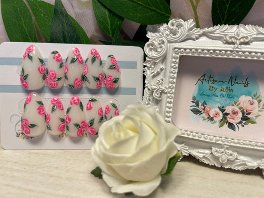 ROSEBUD BLUE - Juego de 10 uñas francesas con rosas azules y perlas