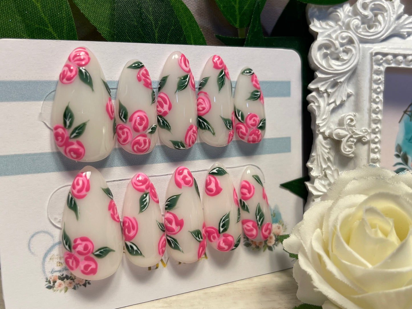 ROSEBUD BLUE - Juego de 10 uñas francesas con rosas azules y perlas