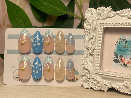 OCEAN BABIES - Ongles en gel à presser - Lot de 10 faux ongles French Tip tachetés émaillés - Fabriqués sur commande