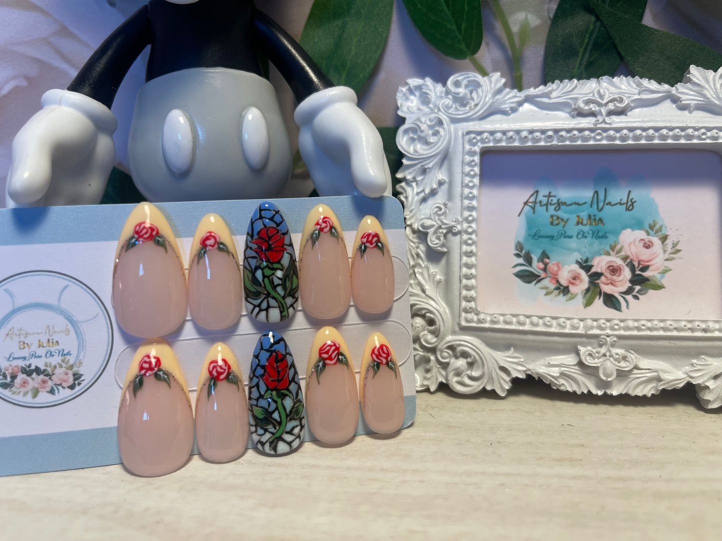 BELLE - Set of 10 Rose French Tip and Stained Glass Window Nails