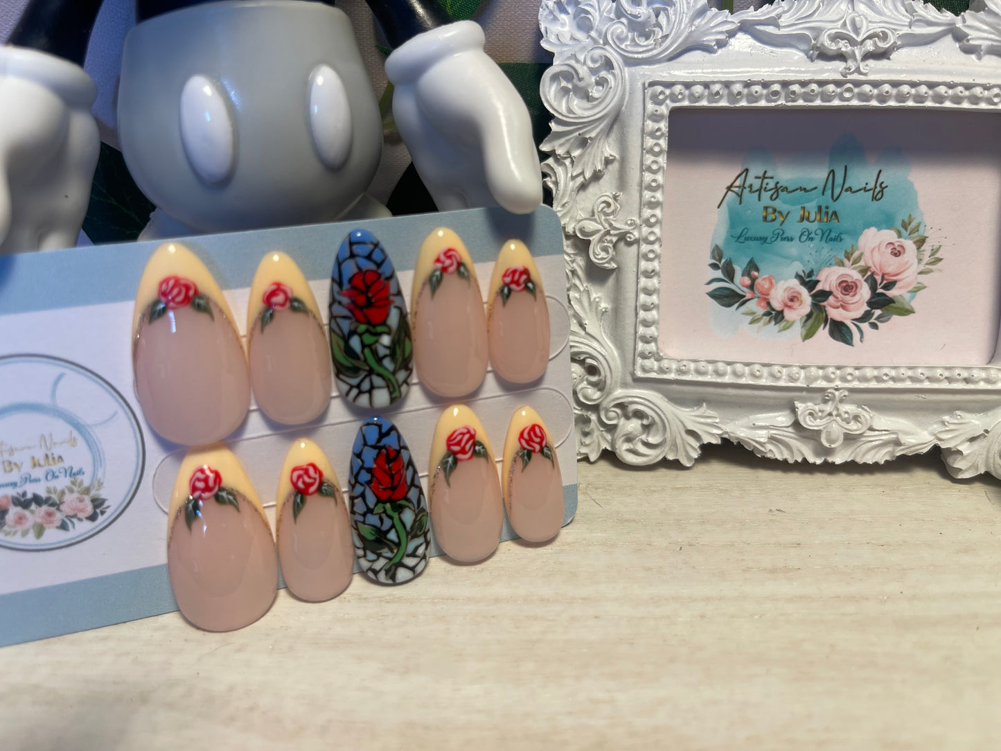 BELLE - Set of 10 Rose French Tip and Stained Glass Window Nails