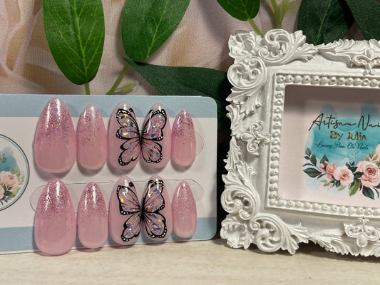 OPAL BUTTERFLY - Gel Press on Nails - Set of 10 Opal Encapsulated Butterfly Nails