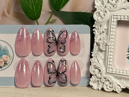 OPAL BUTTERFLY - Gel Press on Nails - Set of 10 Opal Encapsulated Butterfly Nails