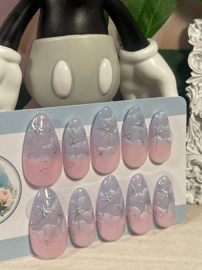 SILVER SKIES - Set of 10 Cloud & Chrome Stars Nails