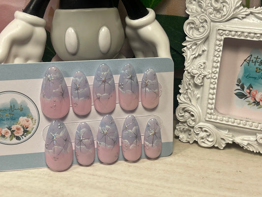 SILVER SKIES - Set of 10 Cloud & Chrome Stars Nails