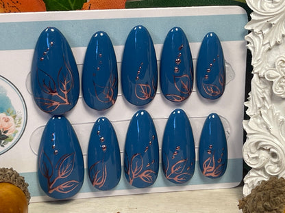 COPPER GLOW - Set of 10 Teal and Rose Chrome Nails