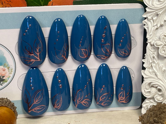 COPPER GLOW - Set of 10 Teal and Rose Chrome Nails
