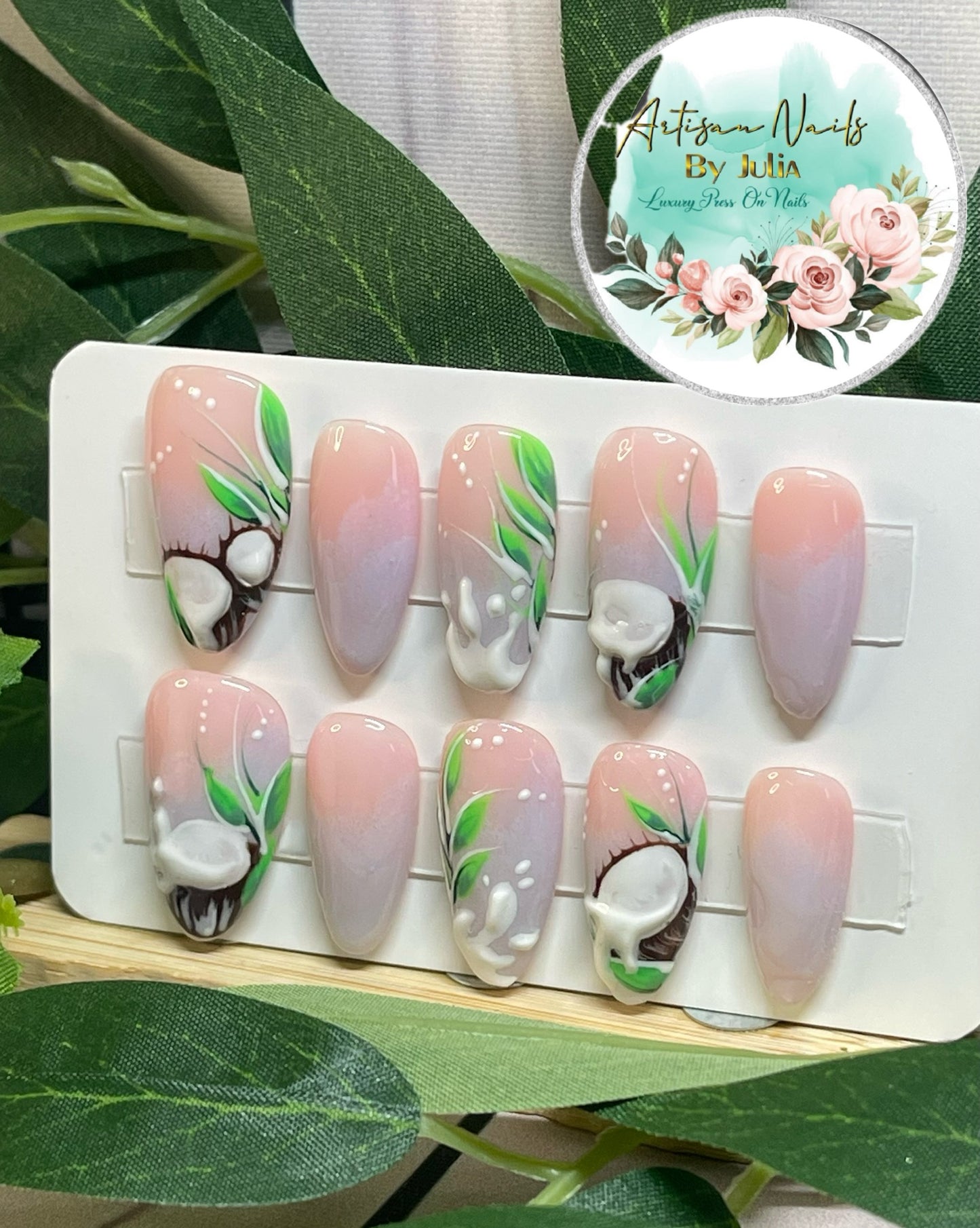 COCONUTS - Gel Press on Nails - Lot de 10 ongles 3D Ombré Coconut - Fabriqués sur commande