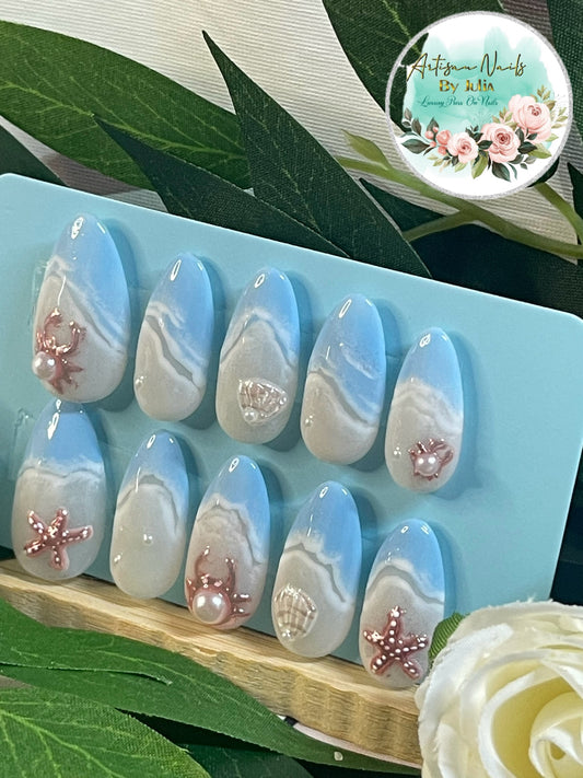 SHORELINE - Gel Press on Nails - Ensemble d'ongles 3D inspirés du bord de mer - Fabriqués sur commande