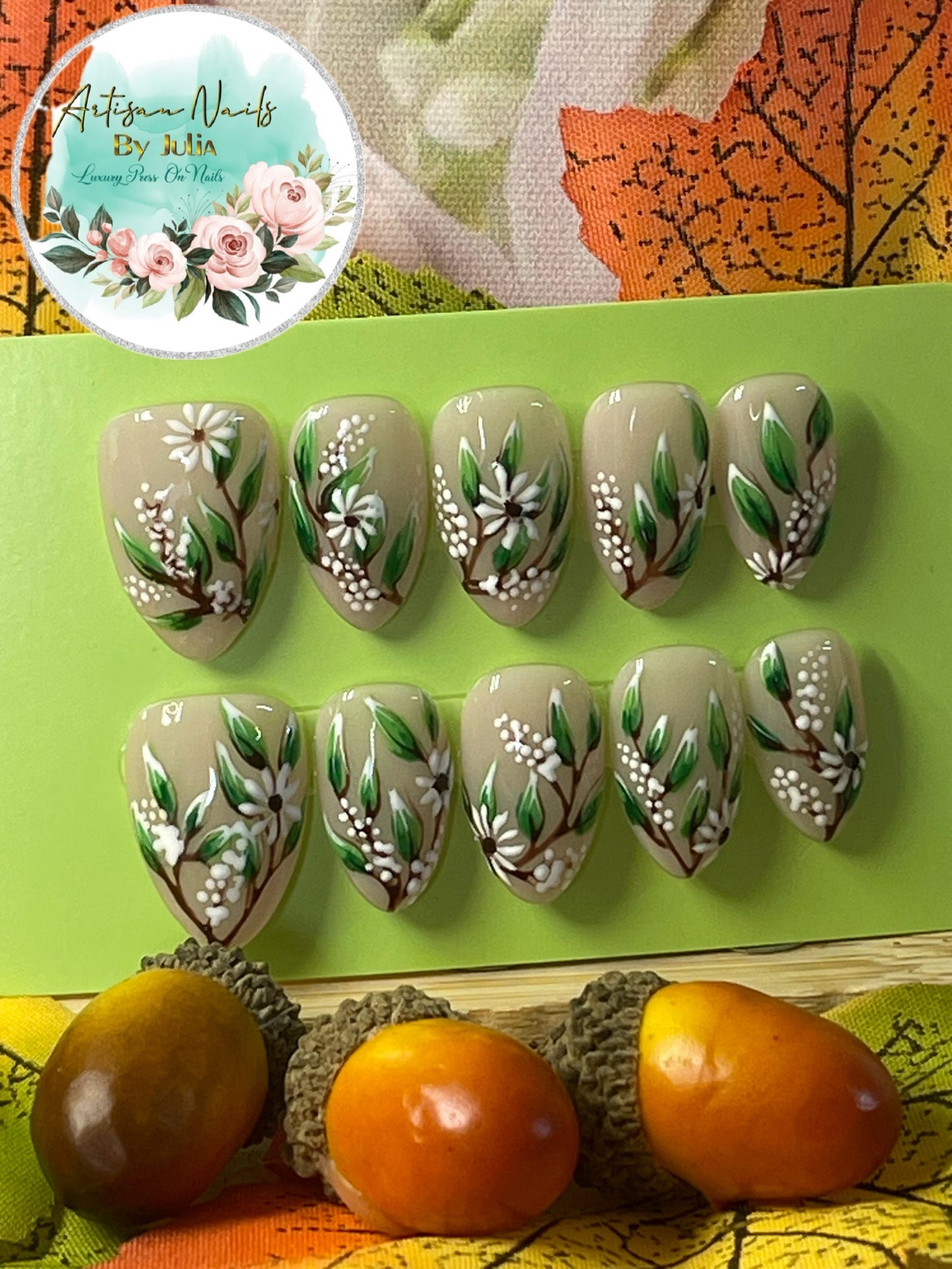 FROSTY MORNING - Ongles en gel à presser - Lot de 10 ongles à motif feuilles givrées - Fabriqués sur commande