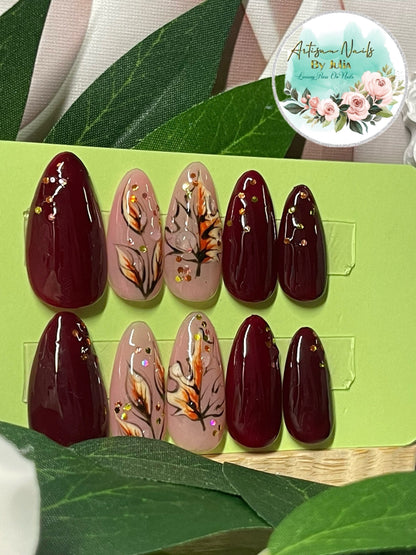 AUTUMN FIRE - Set of 10 autumn leaf and deep red Nails with 3D dew drops.