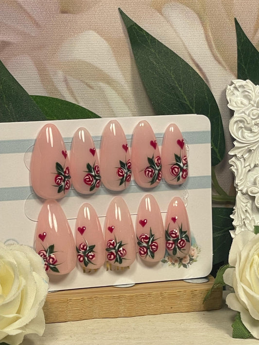LAS ROSAS SON ROJAS - Juego de 10 uñas con detalles de rosas rojas